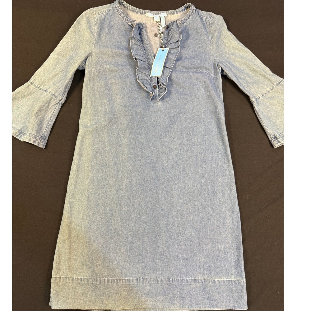 Draper James‎ Chambray Ruffle Shift Dress Medium Wash Blue Size 2 NEW